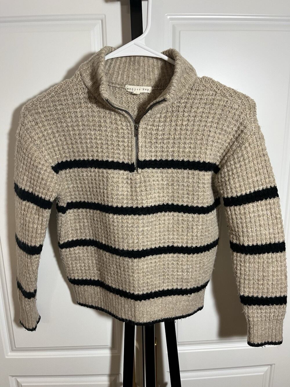 Copper Key Child Tan With Black Stripe 3/4 Zip Sweater Pullover Size Small